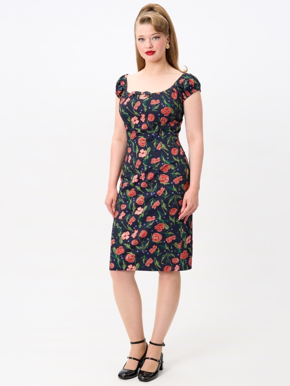 Collectif Lorena Poppy Pencil Dress Navy/Pink Floral Size 6 (Small) Retro 50s